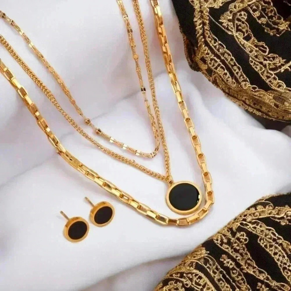 🆕️3-Piece 18K Gold Plated Jewelry Set Triple Layered Necklace and Earrings - Picture 1 of 14